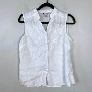 Carole‎ Little Linen Sleeveless Button Down Blouse Monochrome Embroidery Medium